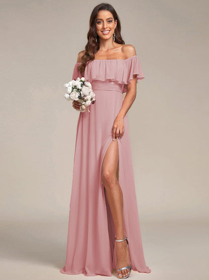 ever ÉMILE|Off the Shoulder Ruffle Bodice Long Flowy Chiffon Bridesmaid Dress