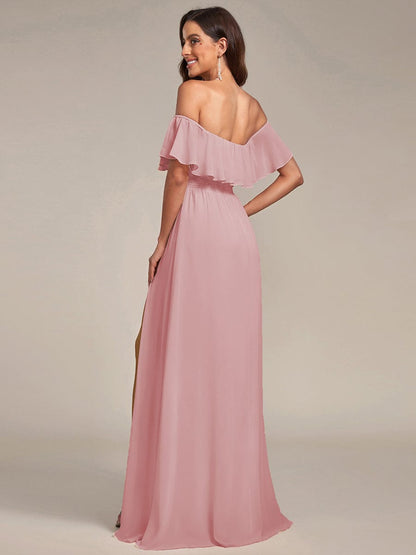 ever ÉMILE|Off the Shoulder Ruffle Bodice Long Flowy Chiffon Bridesmaid Dress