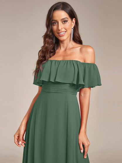 ever ÉMILE|Off the Shoulder Ruffle Bodice Long Flowy Chiffon Bridesmaid Dress