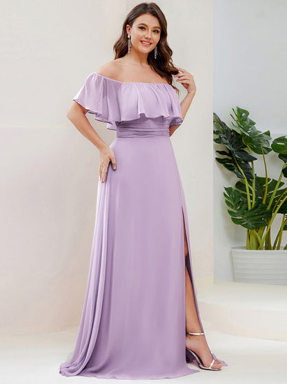 ever ÉMILE|Off the Shoulder Ruffle Bodice Long Flowy Chiffon Bridesmaid Dress
