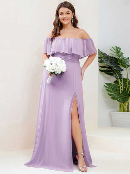 ever ÉMILE|Off the Shoulder Ruffle Bodice Long Flowy Chiffon Bridesmaid Dress