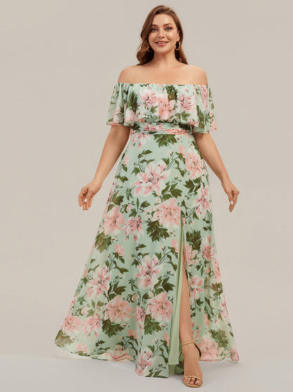 ever ÉMILE|Off the Shoulder Ruffle Bodice Long Flowy Chiffon Bridesmaid Dress