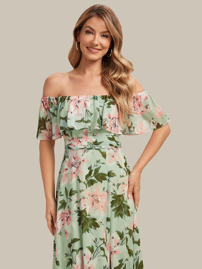 ever ÉMILE|Off the Shoulder Ruffle Bodice Long Flowy Chiffon Bridesmaid Dress