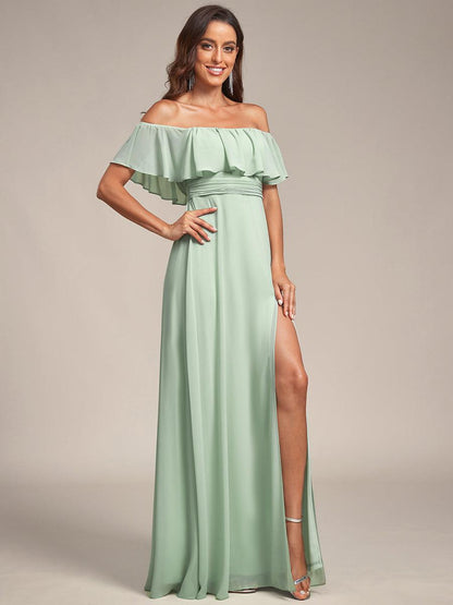 ever ÉMILE|Off the Shoulder Ruffle Bodice Long Flowy Chiffon Bridesmaid Dress