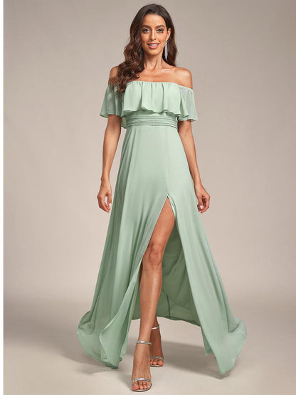 ever ÉMILE|Off the Shoulder Ruffle Bodice Long Flowy Chiffon Bridesmaid Dress