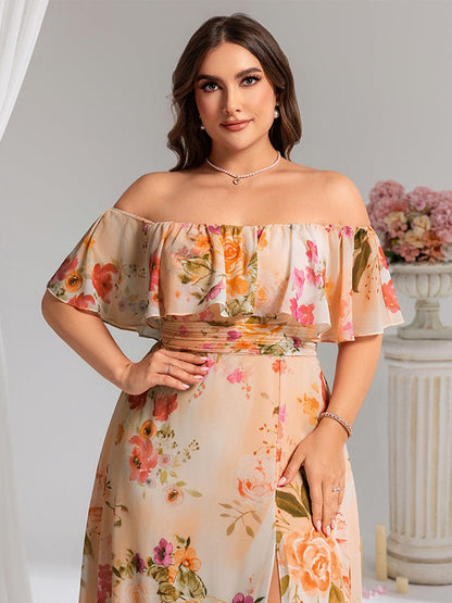 ever ÉMILE|Off the Shoulder Ruffle Bodice Long Flowy Chiffon Bridesmaid Dress