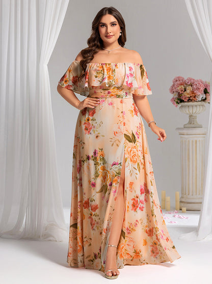 ever ÉMILE|Plus Size Off the Shoulder Formal Bridesmaid Dress with Thigh Split