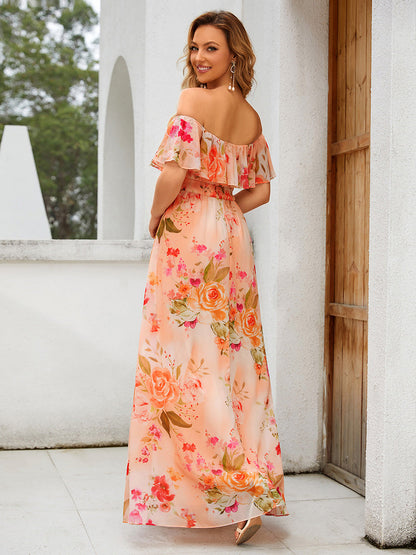 ever ÉMILE|Off the Shoulder Ruffle Bodice Long Flowy Chiffon Bridesmaid Dress