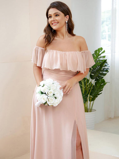 ever ÉMILE|Off the Shoulder Ruffle Bodice Long Flowy Chiffon Bridesmaid Dress