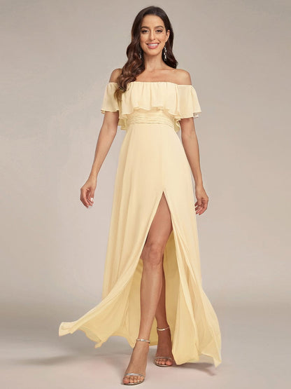 ever ÉMILE|Off the Shoulder Ruffle Bodice Long Flowy Chiffon Bridesmaid Dress