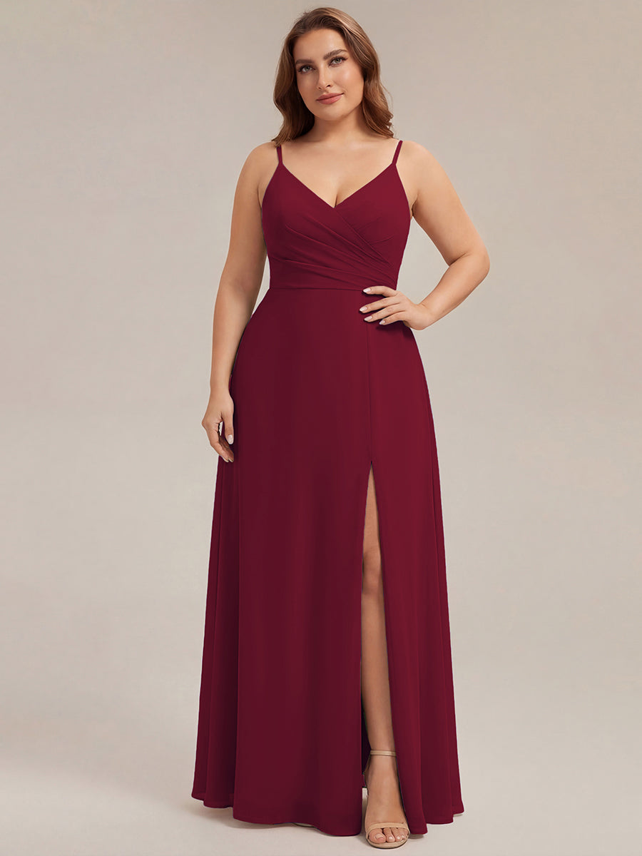 ever RENÉ |Pleated V-Neck Spaghetti Strap High Slit Bridesmaid Dress