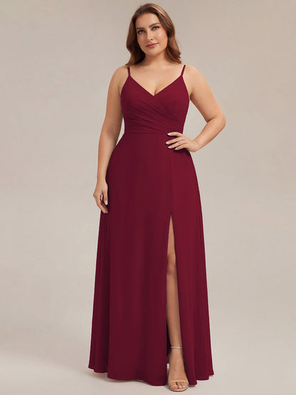 ever RENÉ |Pleated V-Neck Spaghetti Strap High Slit Bridesmaid Dress