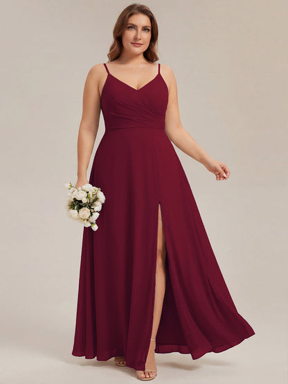 ever RENÉ |Pleated V-Neck Spaghetti Strap High Slit Bridesmaid Dress