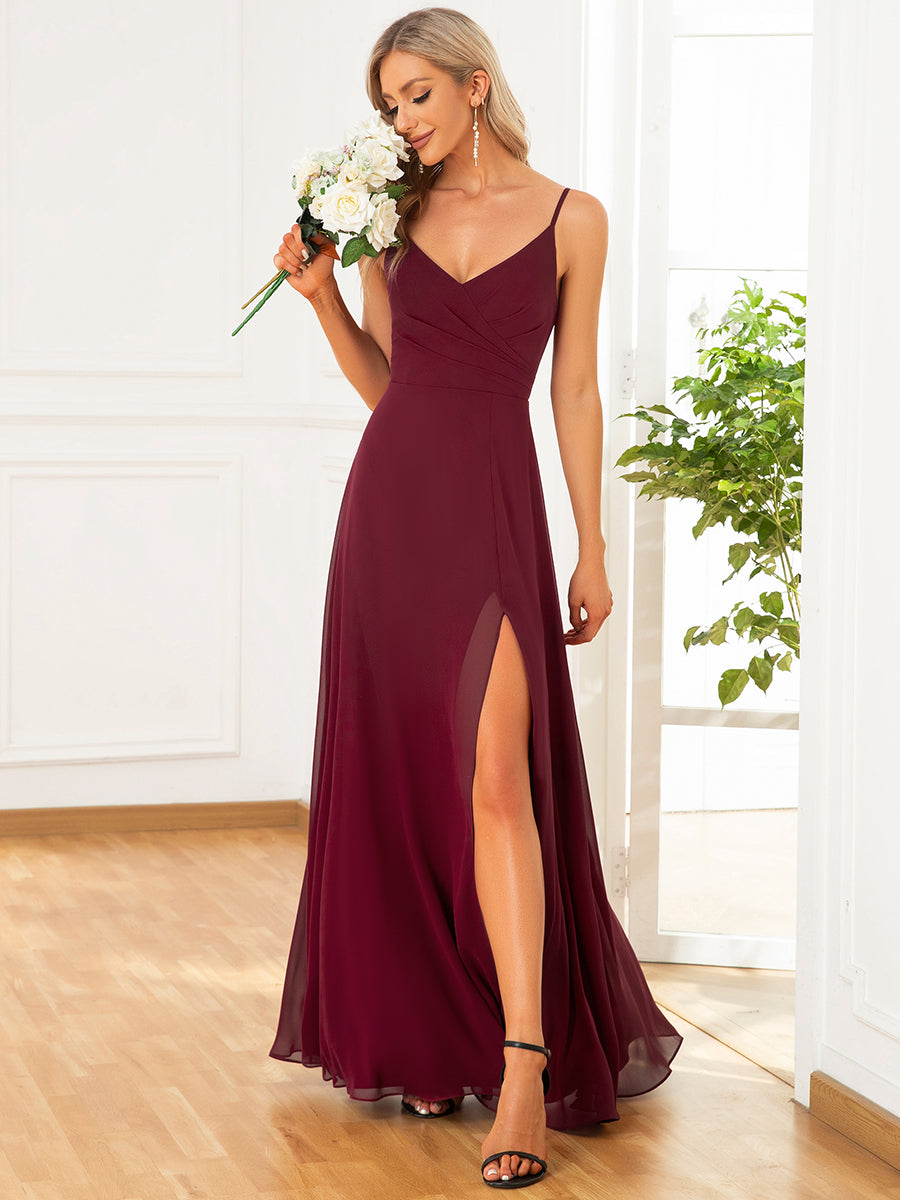 ever RENÉ |Pleated V-Neck Spaghetti Strap High Slit Bridesmaid Dress