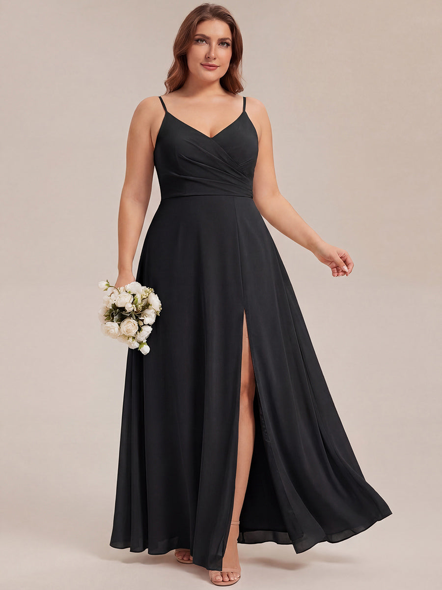 ever RENÉ |Pleated V-Neck Spaghetti Strap High Slit Bridesmaid Dress