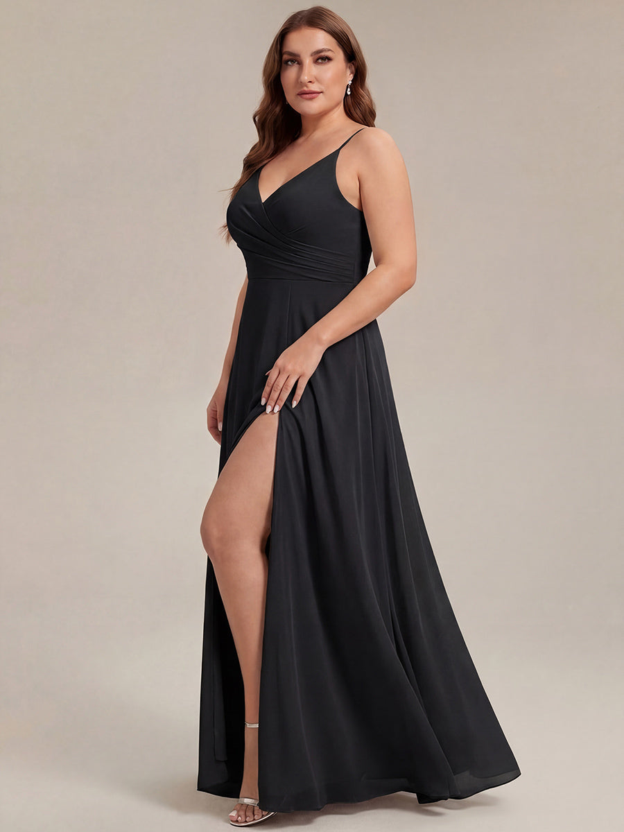 ever RENÉ |Pleated V-Neck Spaghetti Strap High Slit Bridesmaid Dress