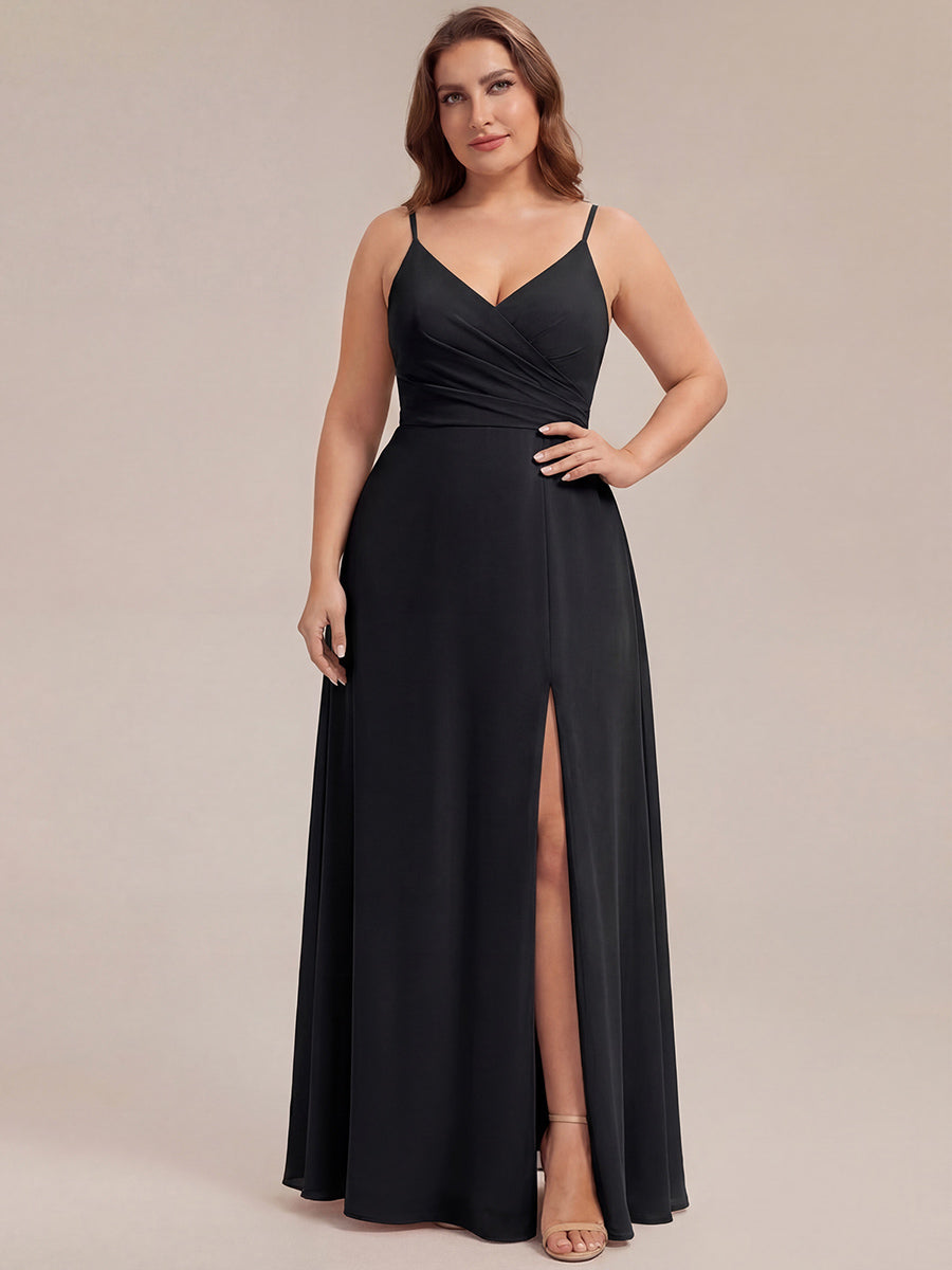 ever RENÉ |Pleated V-Neck Spaghetti Strap High Slit Bridesmaid Dress