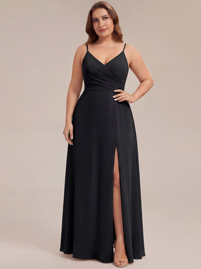 ever RENÉ |Pleated V-Neck Spaghetti Strap High Slit Bridesmaid Dress