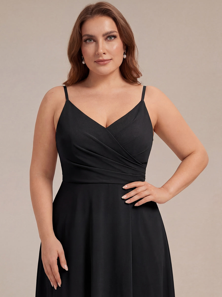 ever RENÉ |Pleated V-Neck Spaghetti Strap High Slit Bridesmaid Dress