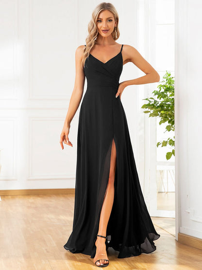 ever RENÉ |Pleated V-Neck Spaghetti Strap High Slit Bridesmaid Dress