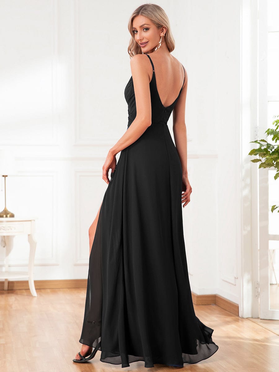 ever RENÉ |Pleated V-Neck Spaghetti Strap High Slit Bridesmaid Dress