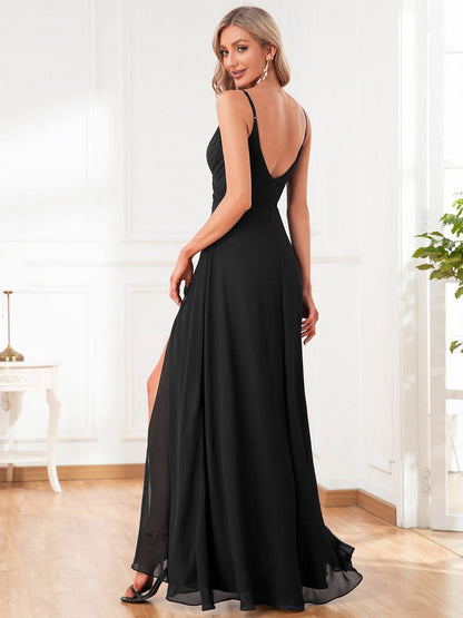 ever RENÉ |Pleated V-Neck Spaghetti Strap High Slit Bridesmaid Dress