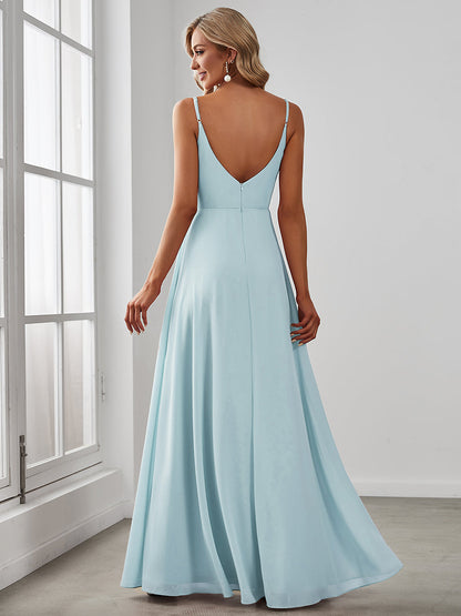 ever RENÉ |Pleated V-Neck Spaghetti Strap High Slit Bridesmaid Dress