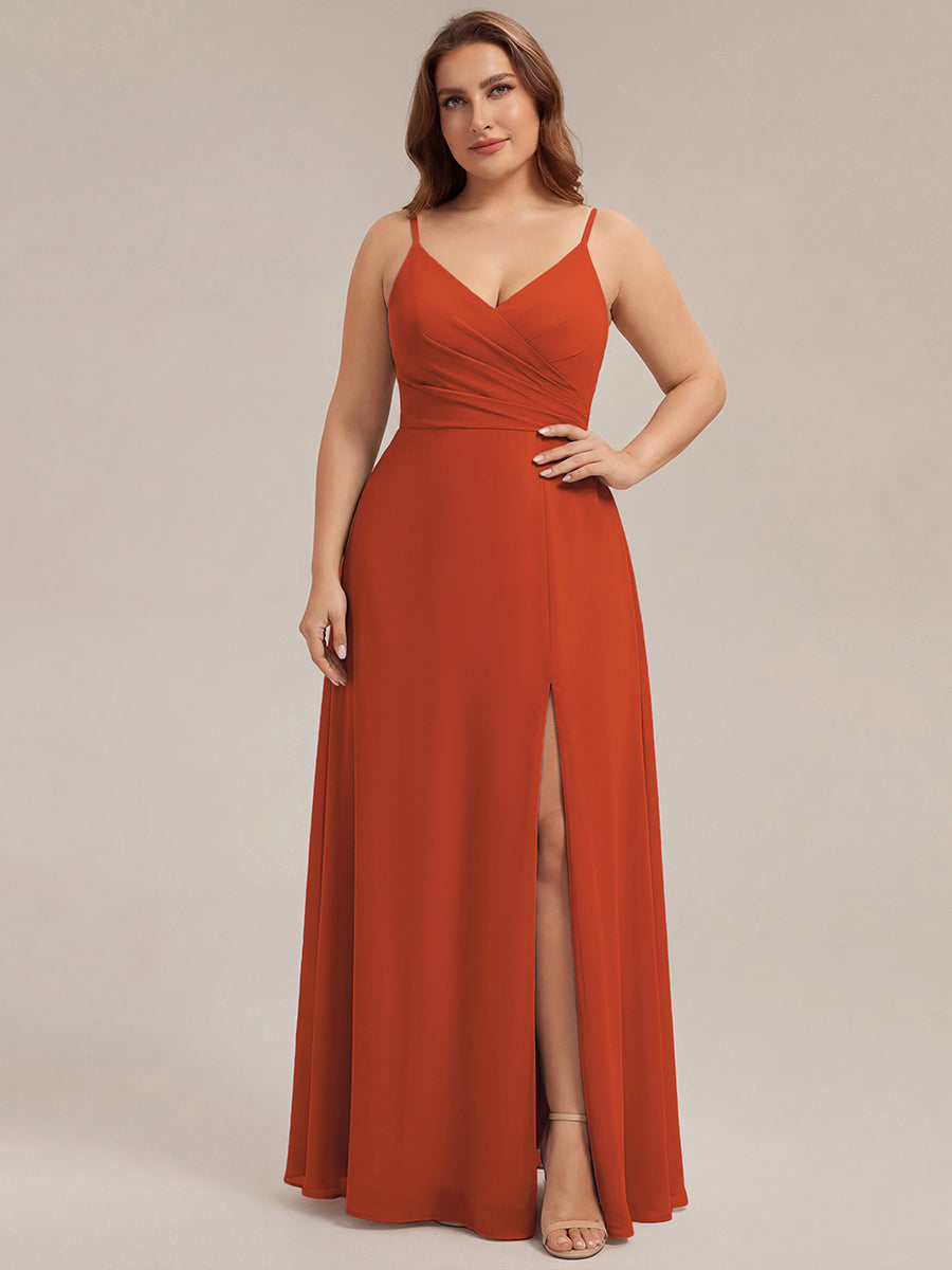 ever RENÉ |Pleated V-Neck Spaghetti Strap High Slit Bridesmaid Dress