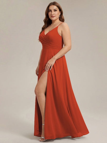 ever RENÉ |Pleated V-Neck Spaghetti Strap High Slit Bridesmaid Dress