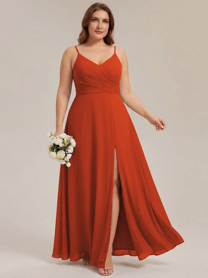 ever RENÉ |Pleated V-Neck Spaghetti Strap High Slit Bridesmaid Dress