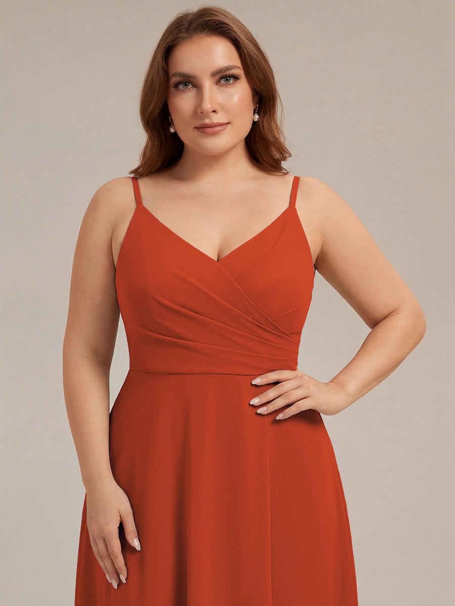 ever RENÉ |Pleated V-Neck Spaghetti Strap High Slit Bridesmaid Dress