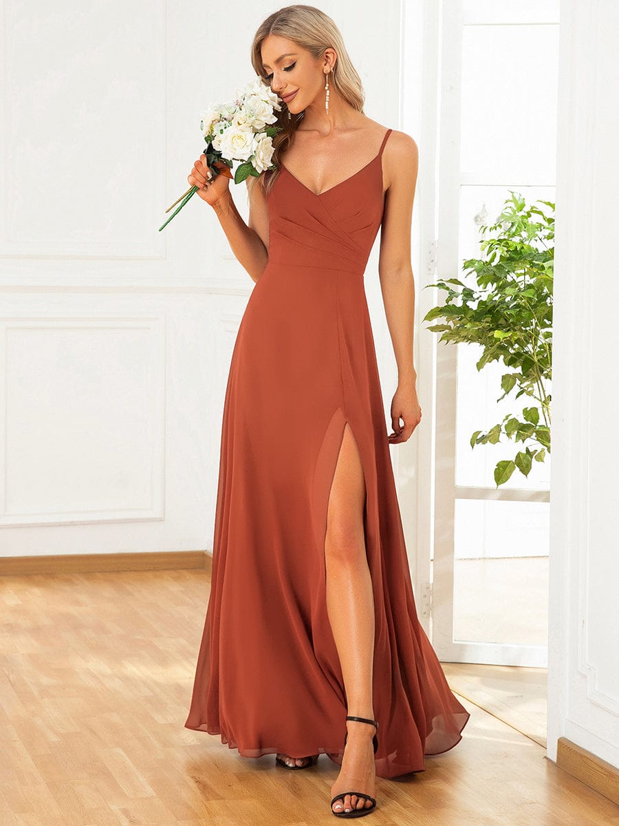 ever RENÉ |Pleated V-Neck Spaghetti Strap High Slit Bridesmaid Dress