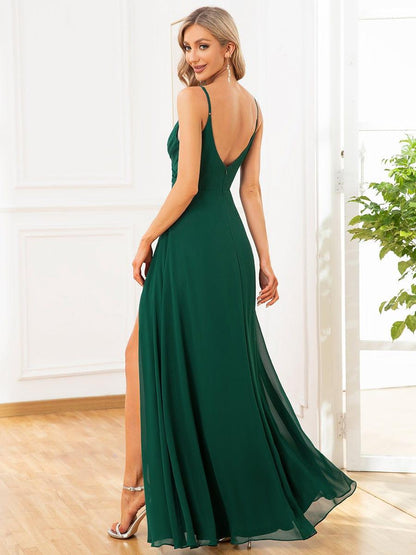 ever RENÉ |Pleated V-Neck Spaghetti Strap High Slit Bridesmaid Dress