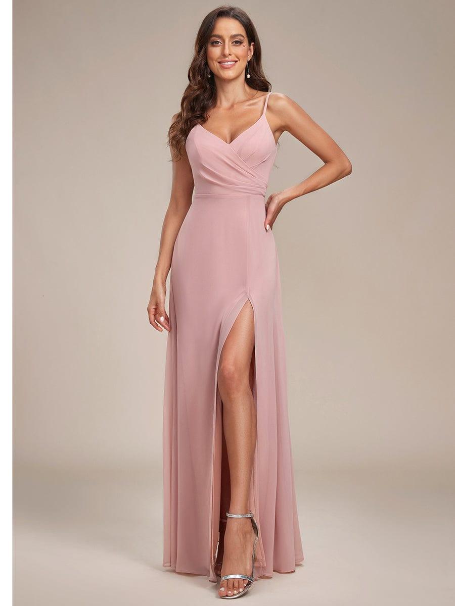 ever RENÉ |Pleated V-Neck Spaghetti Strap High Slit Bridesmaid Dress