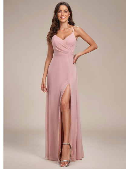 ever RENÉ |Pleated V-Neck Spaghetti Strap High Slit Bridesmaid Dress