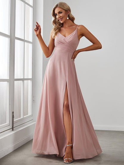 ever RENÉ |Pleated V-Neck Spaghetti Strap High Slit Bridesmaid Dress