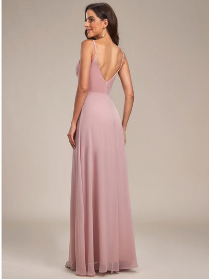 ever RENÉ |Pleated V-Neck Spaghetti Strap High Slit Bridesmaid Dress