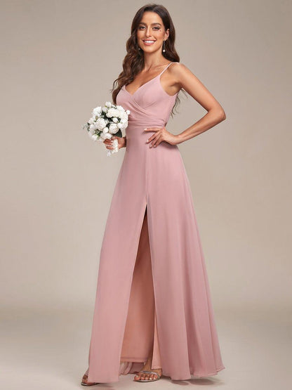 ever RENÉ |Pleated V-Neck Spaghetti Strap High Slit Bridesmaid Dress