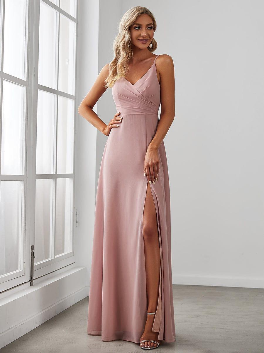ever RENÉ |Pleated V-Neck Spaghetti Strap High Slit Bridesmaid Dress