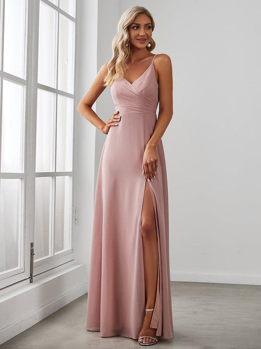 ever RENÉ |Pleated V-Neck Spaghetti Strap High Slit Bridesmaid Dress