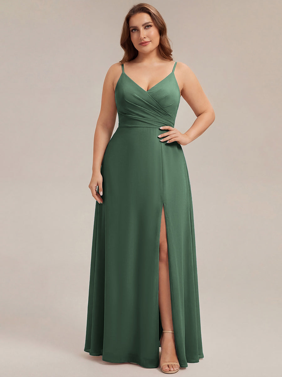 ever RENÉ |Pleated V-Neck Spaghetti Strap High Slit Bridesmaid Dress