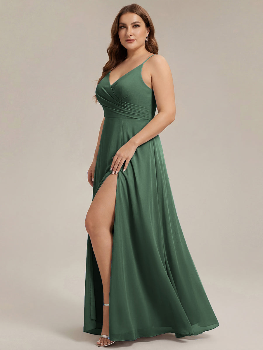ever RENÉ |Pleated V-Neck Spaghetti Strap High Slit Bridesmaid Dress