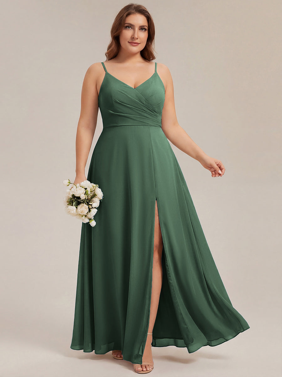 ever RENÉ |Pleated V-Neck Spaghetti Strap High Slit Bridesmaid Dress