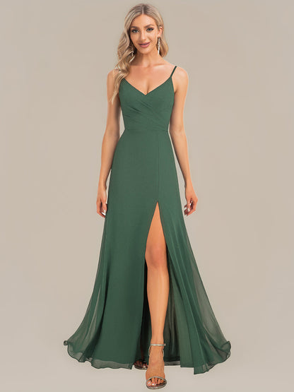 ever RENÉ |Pleated V-Neck Spaghetti Strap High Slit Bridesmaid Dress