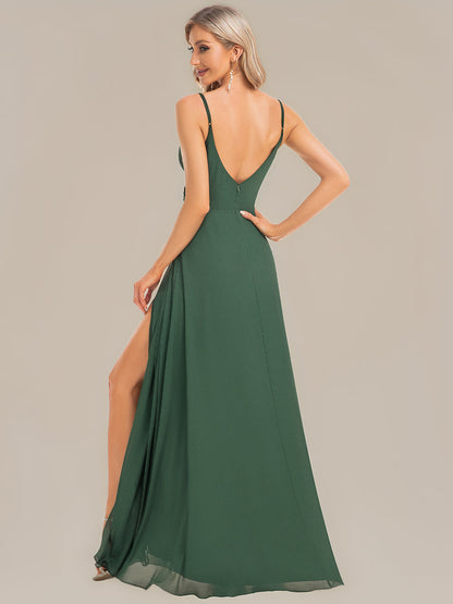 ever RENÉ |Pleated V-Neck Spaghetti Strap High Slit Bridesmaid Dress