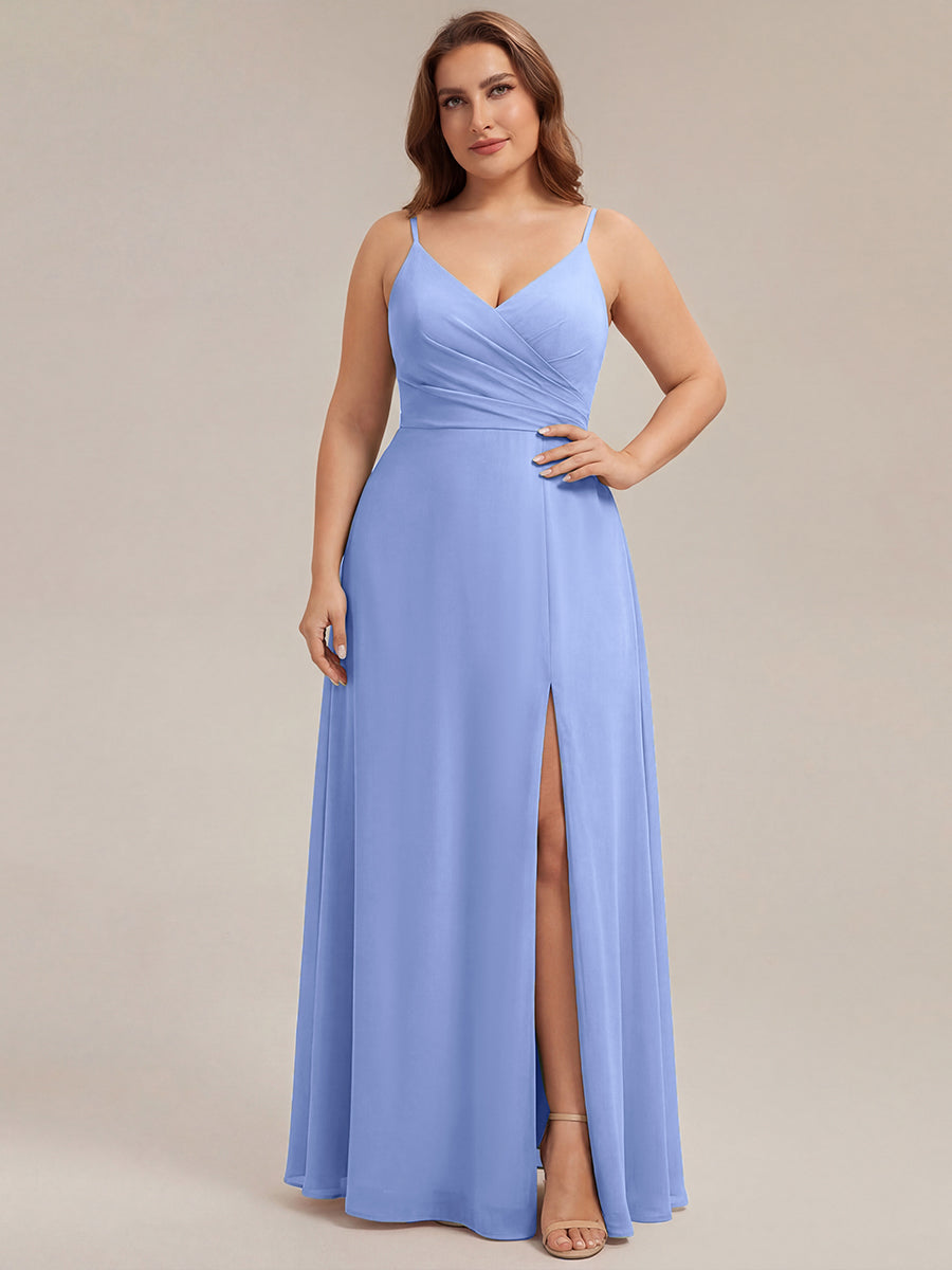 ever RENÉ |Pleated V-Neck Spaghetti Strap High Slit Bridesmaid Dress
