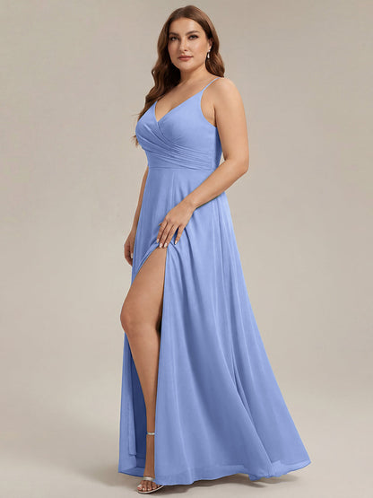ever RENÉ |Pleated V-Neck Spaghetti Strap High Slit Bridesmaid Dress