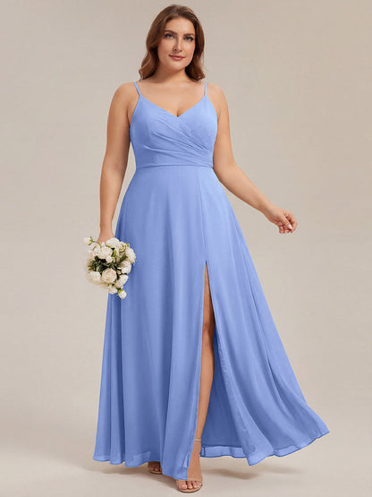 ever RENÉ |Pleated V-Neck Spaghetti Strap High Slit Bridesmaid Dress