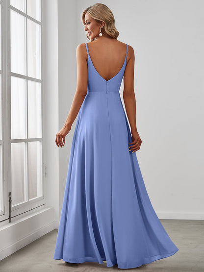 ever RENÉ |Pleated V-Neck Spaghetti Strap High Slit Bridesmaid Dress