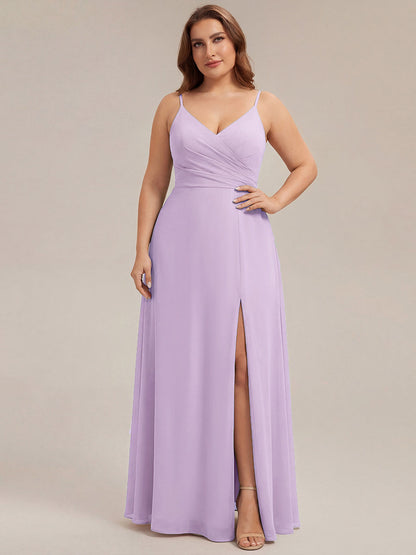 ever RENÉ |Pleated V-Neck Spaghetti Strap High Slit Bridesmaid Dress